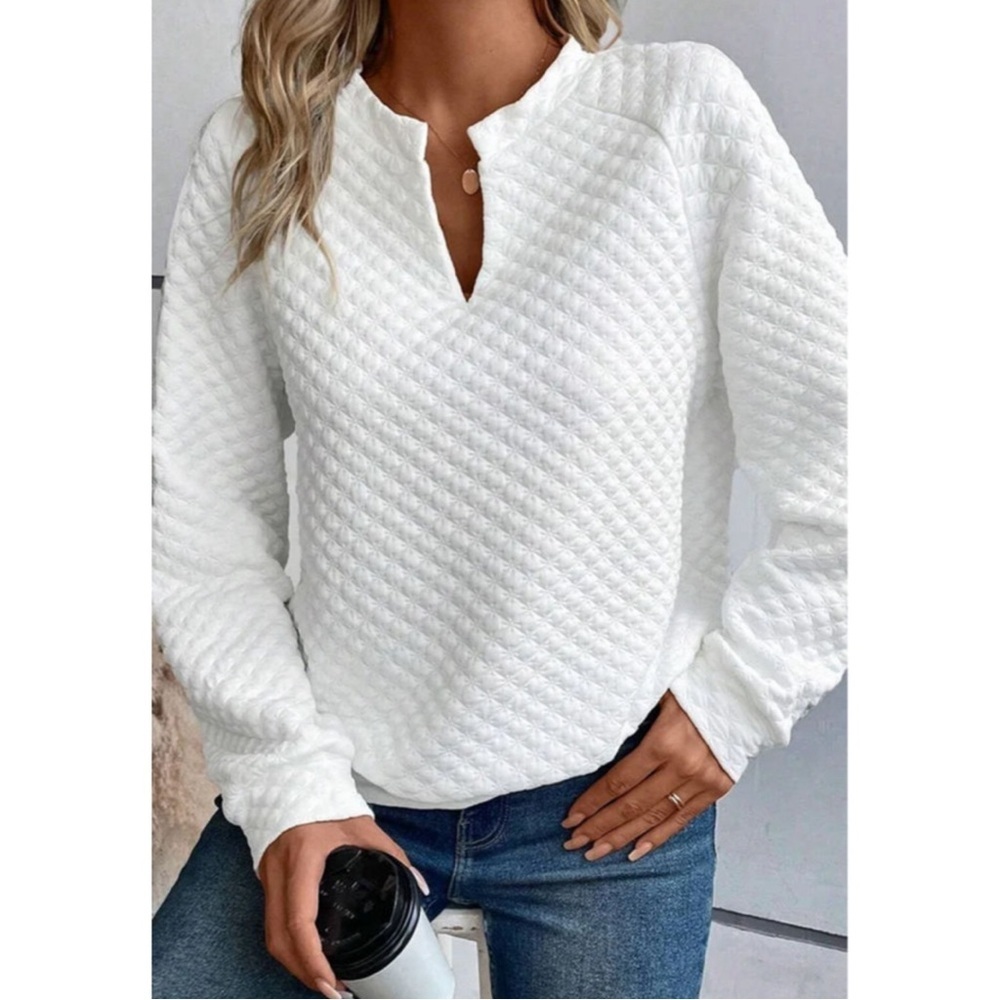 White V Neck Quilted Long Sleeve Top - Picture 2 of 6